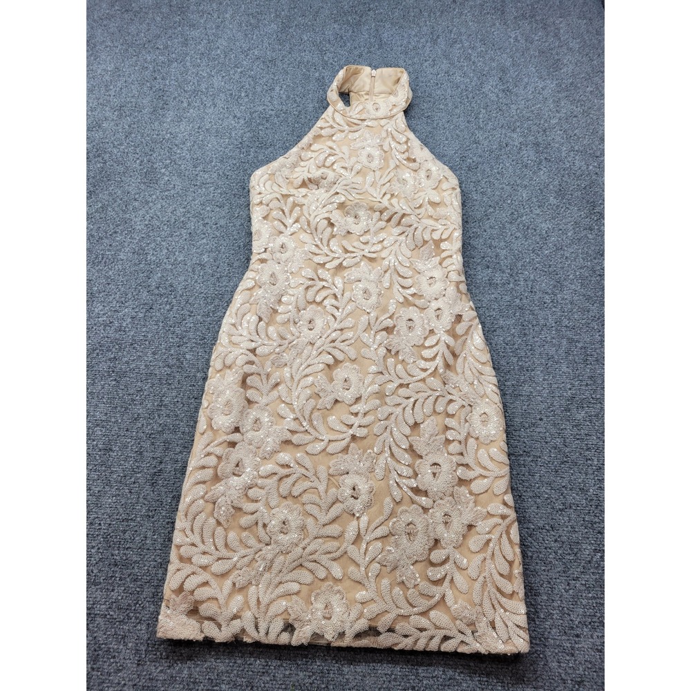 Belle Badgley Mischka Sequin Floral Halter Sheath Dress Size 6 Cocktail Mini